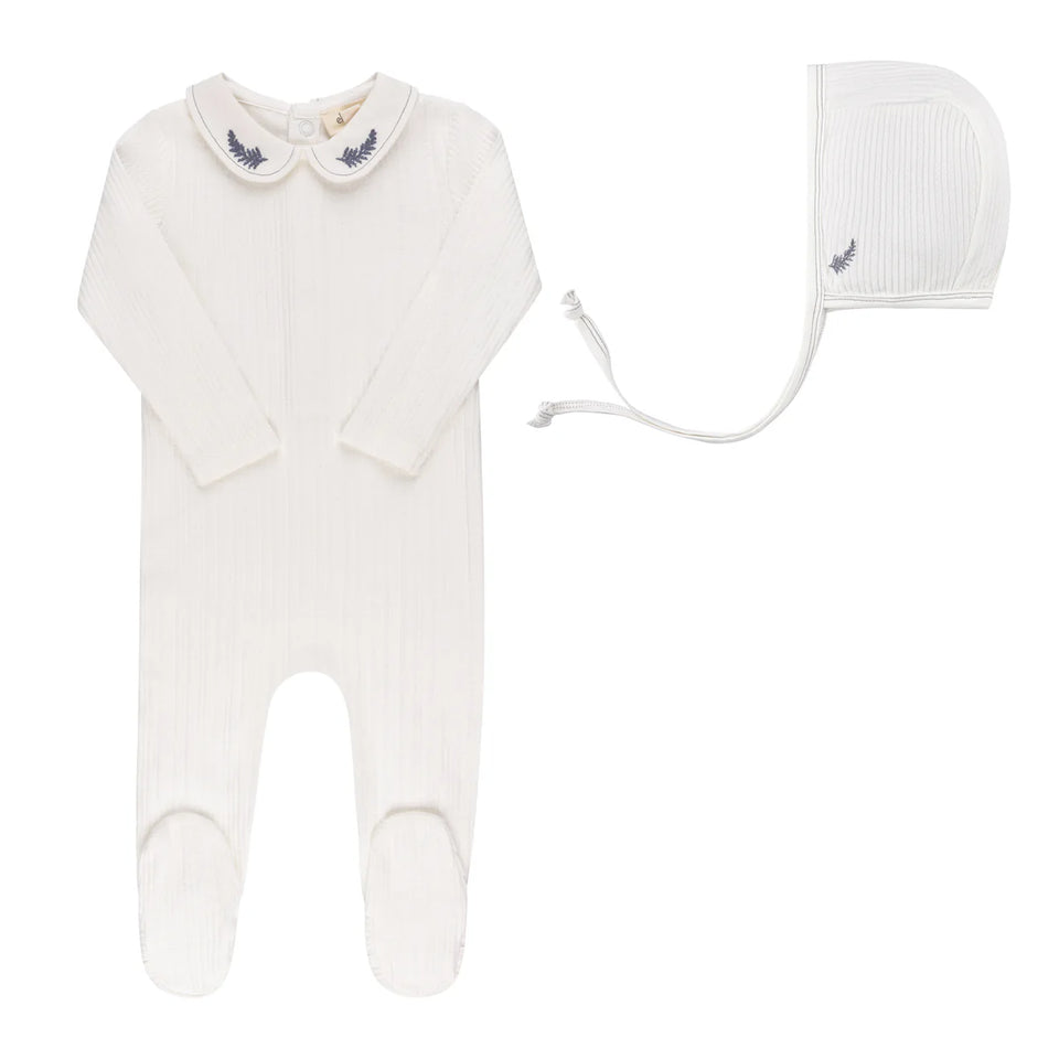 Ely’s & Co. Ivory Leaf Embroidered Footie +Beanie