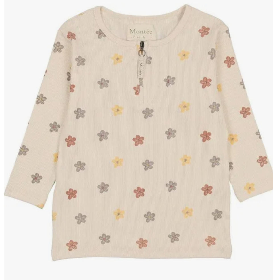 Maniere Beige Floral Ribbed Top