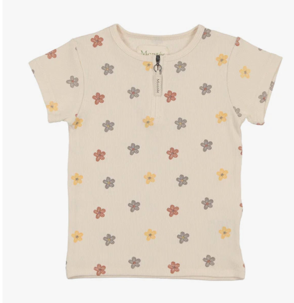 Maniere Beige Floral Ribbed Top