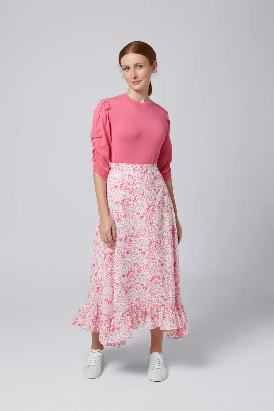 Elle oh Elle Celine Skirt Pink Flowers on White