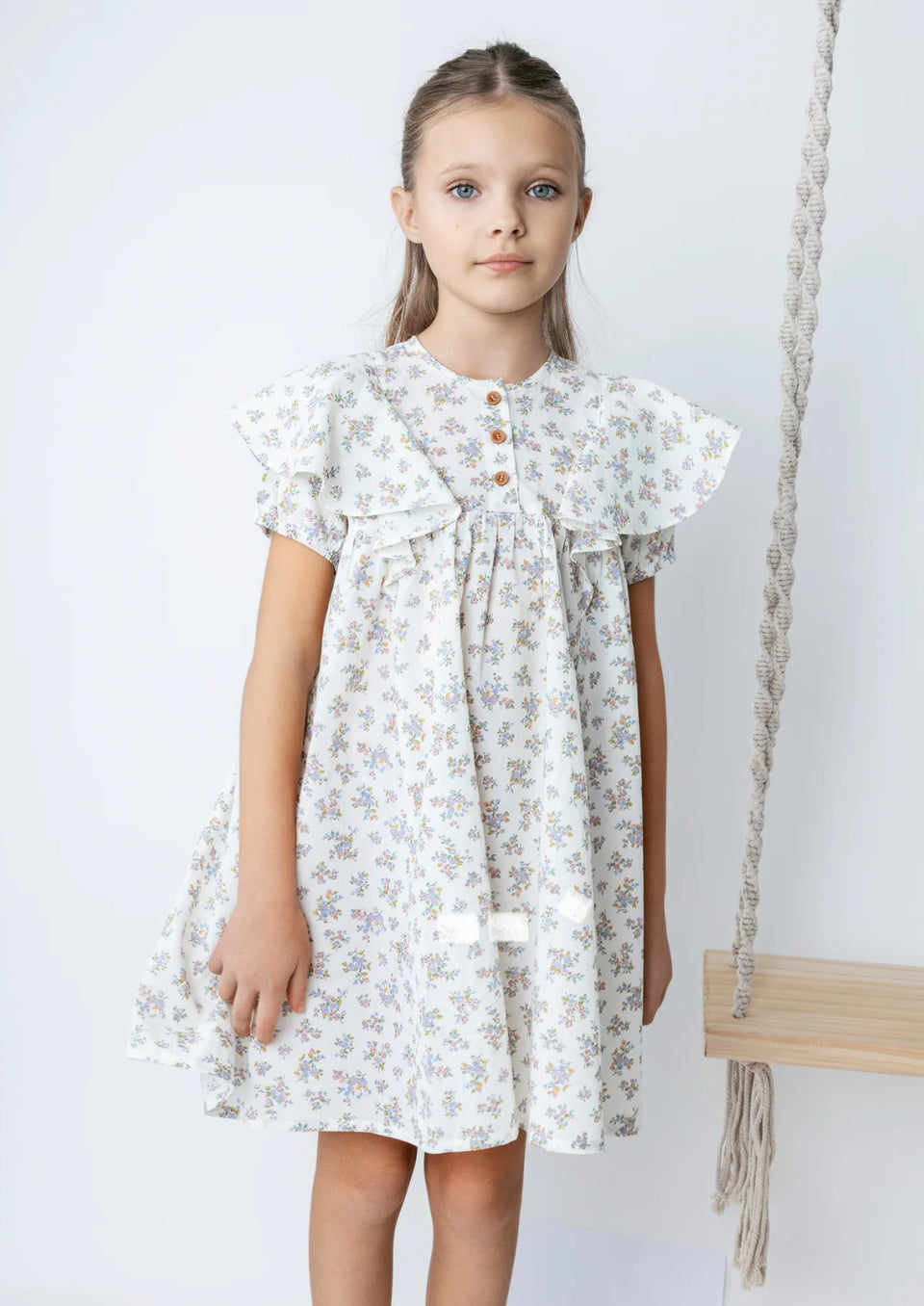 Noma Pink Floral Dress with Shoulder Frill- Short Sleeve