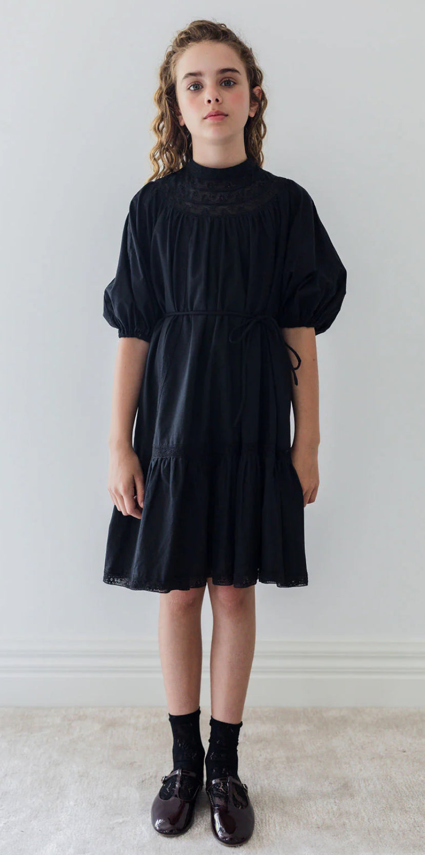 Petite Amalie Black Lace Yoke Linen Smock Dress