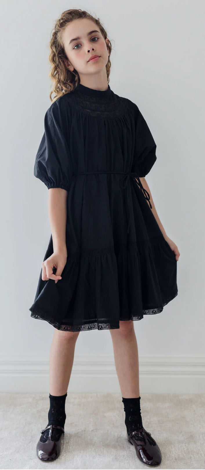 Petite Amalie Black Lace Yoke Linen Smock Dress