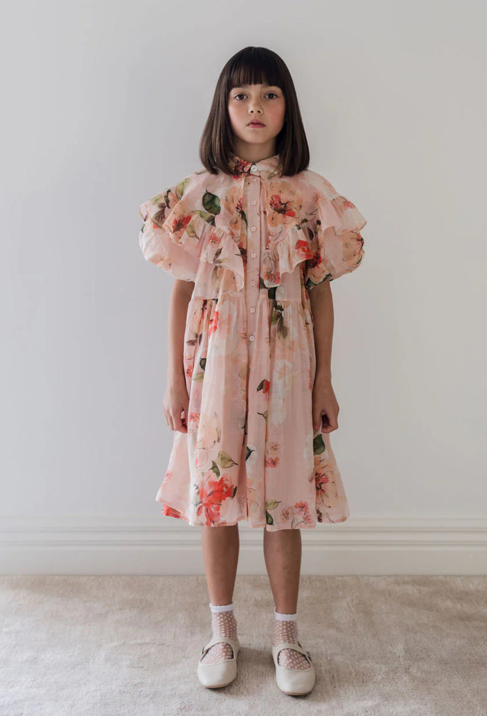 Petite Amalie Peach Peony Print Linen Collar Dress