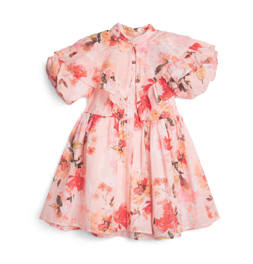 Petite Amalie Peach Peony Print Linen Collar Dress