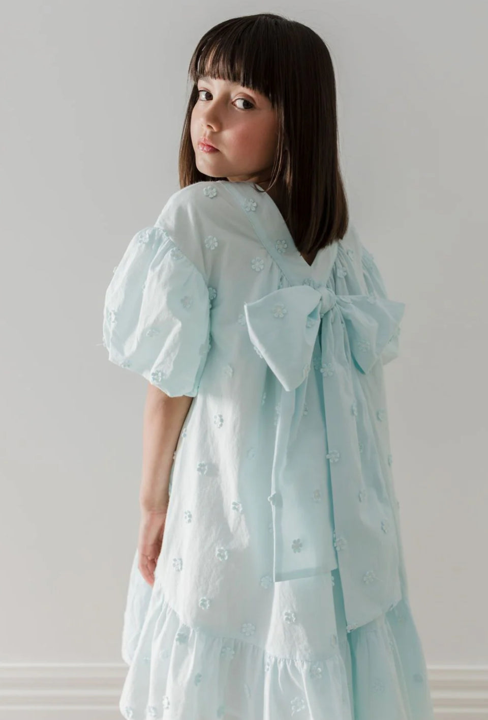 Petite Amalie Seafoam Blue Daisy Applique Dress With Bow
