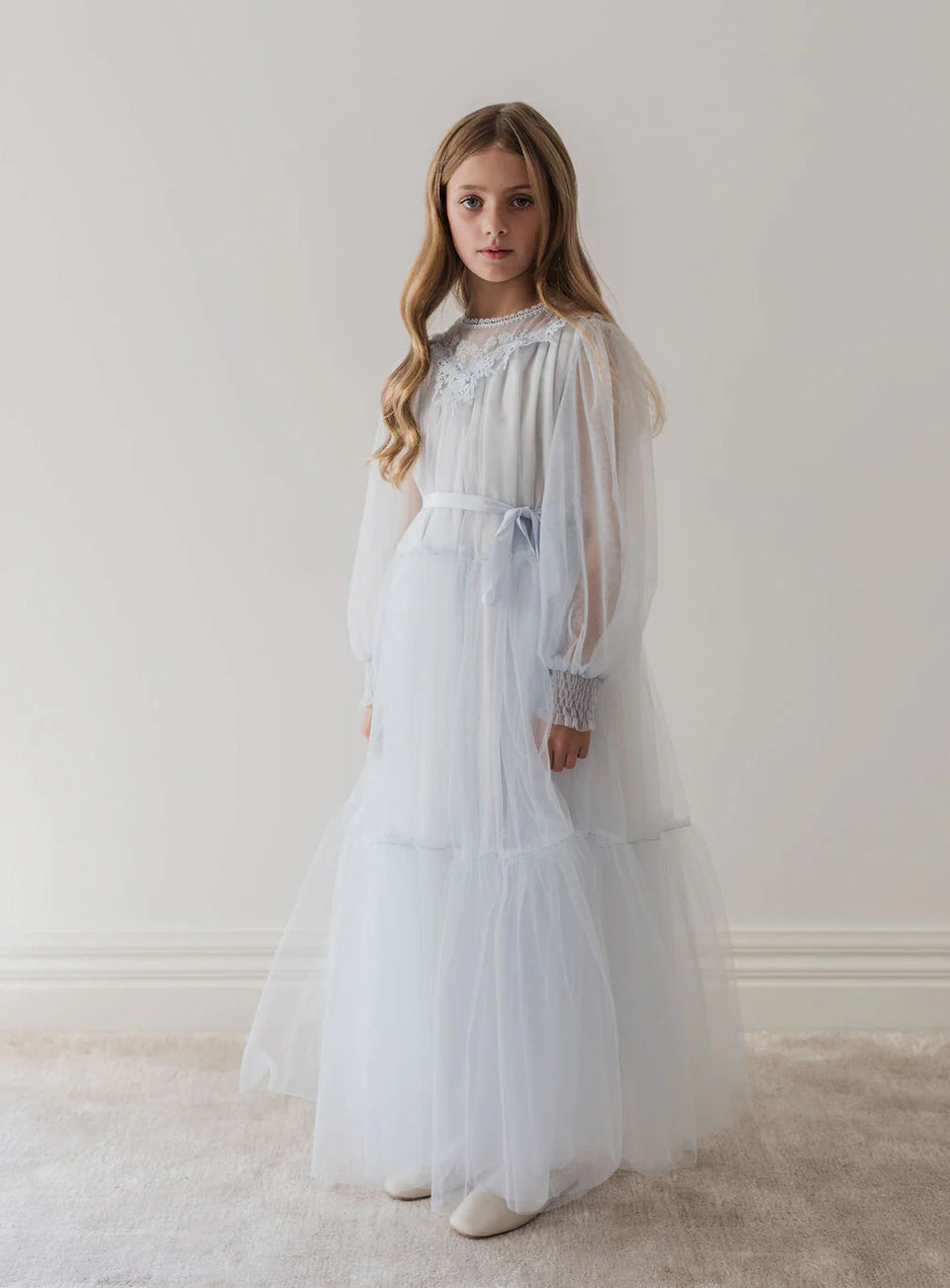 Petite Amalie Soft Blue Vintage Yoke Tulle Gown