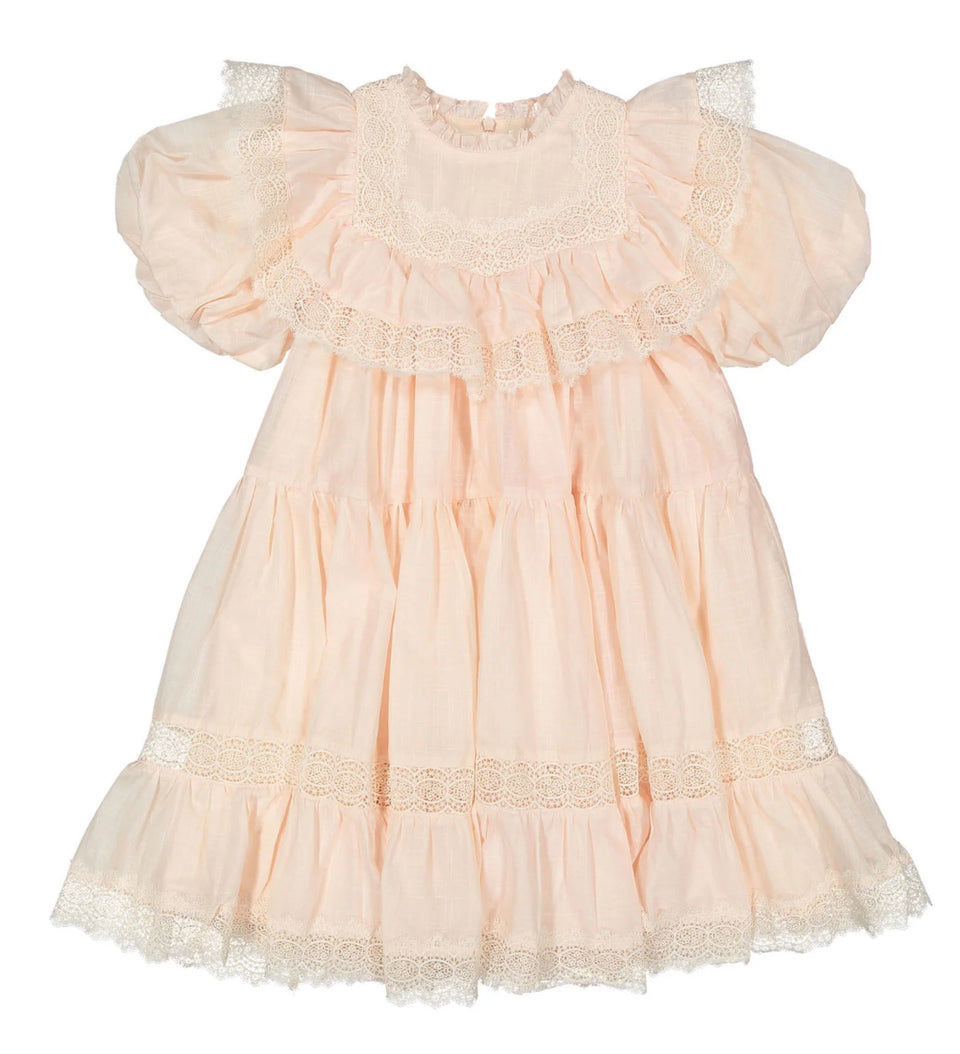 Petite Amalie Soft Peach Poppy Lace Trim Linen Dress