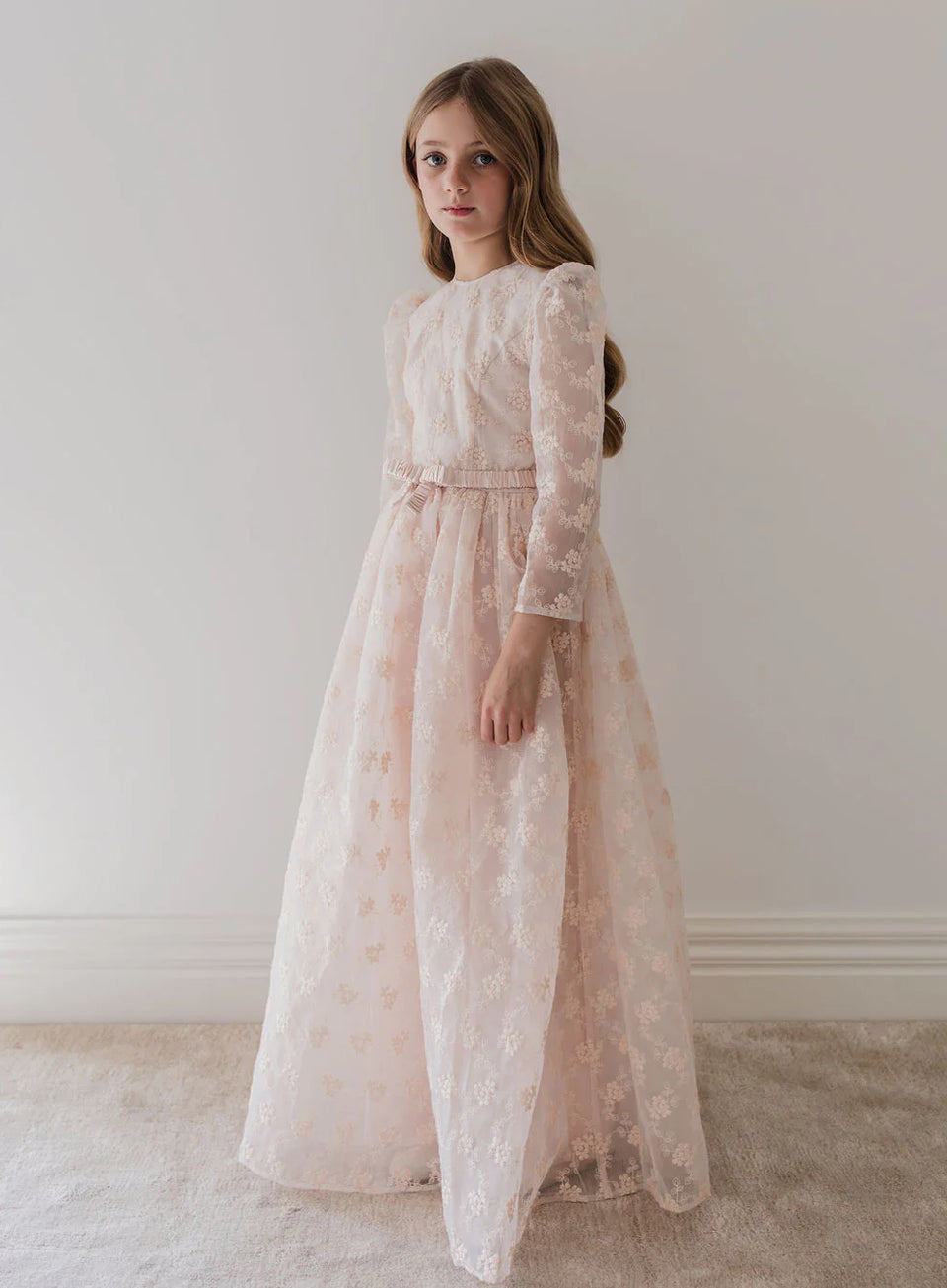 Petite Amalie Soft Peach Vine Embroidered Organza Gown