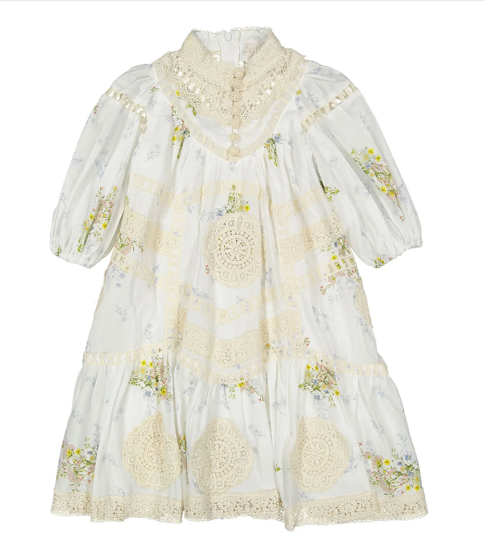 Petite Amalie Spring Meadow Print Doily Appliqué Voile Dress