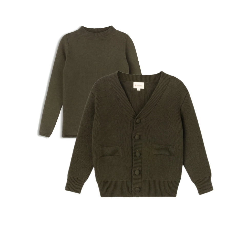 Looms Dense Knit Olive Turtleneck/Cardigan Set