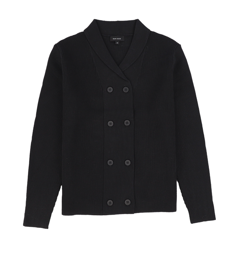 Bamboo Black Ribbed Knit Double Breasted Blazer