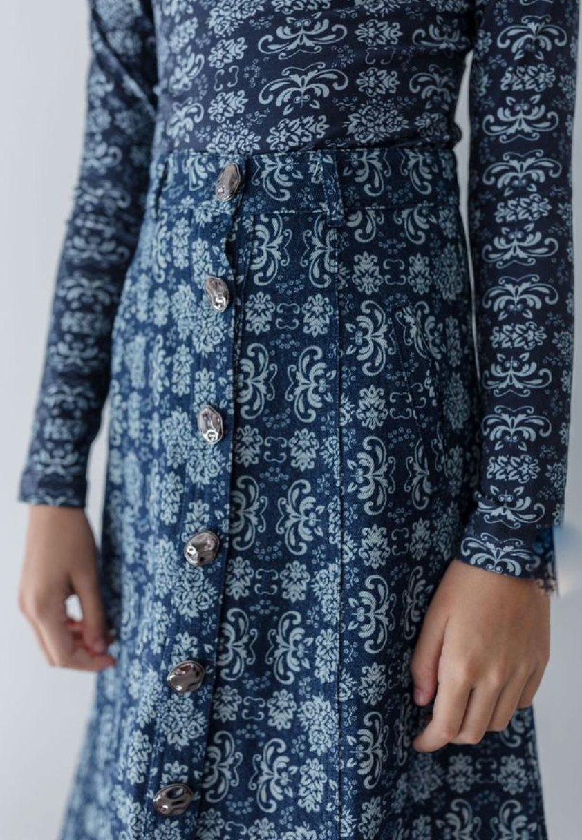 Steph Fleur De Lis Button Denim Skirt