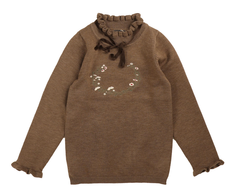 Belati Mocha Scuba Pleated Skirt w/ Knit Embroidered Top