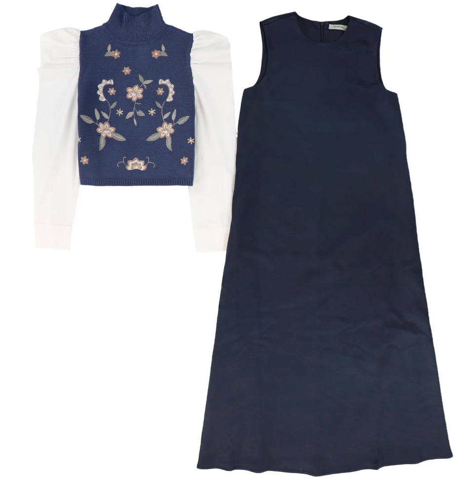 Valentina Blue Embroidered Turtleneck Vest Dress