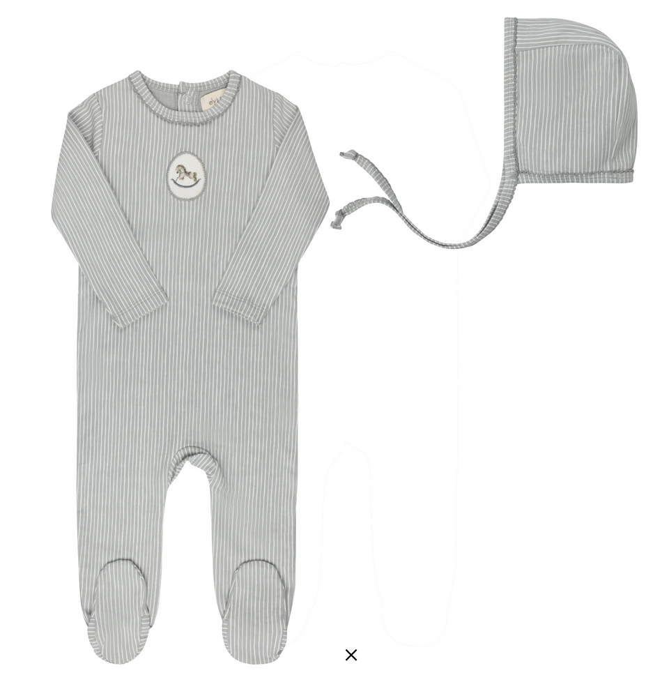 Aurora Rocking Horse Blue Footie + Bonnet