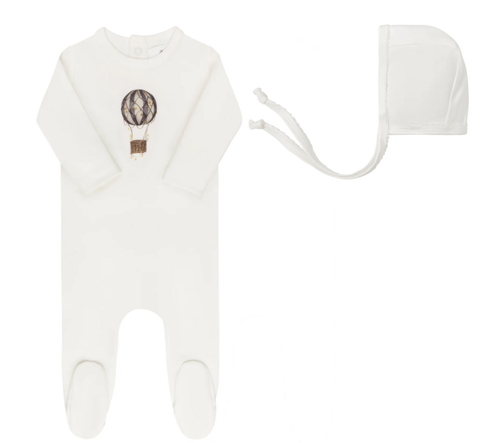 Aurora French Terry Hot Air Balloon Ivory/Blue Footie + Bonnet