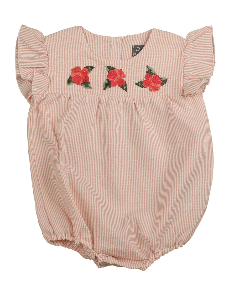 Belati Pink Striped Seersucker Romper with Flowers