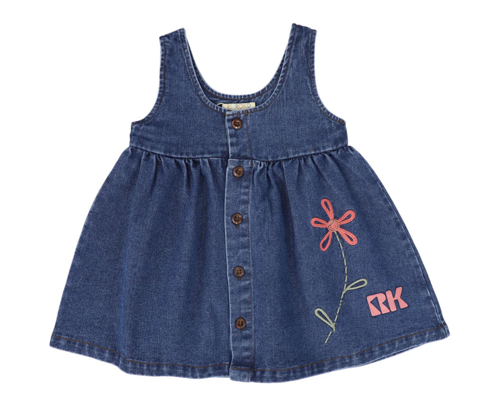Retrokid Denim Sundress with Flower Embroidered Detail