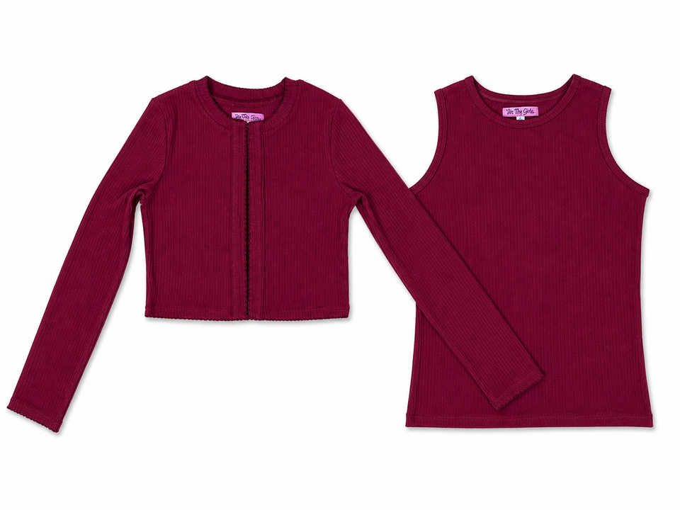 We The Kids Burgundy Crop Cardigan Shell Set