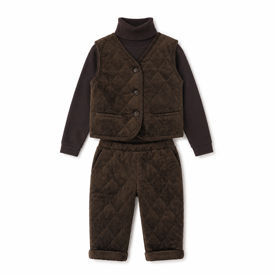Le Bourdon Brown Turtleneck w/ Quilted Corduroy Vest Set