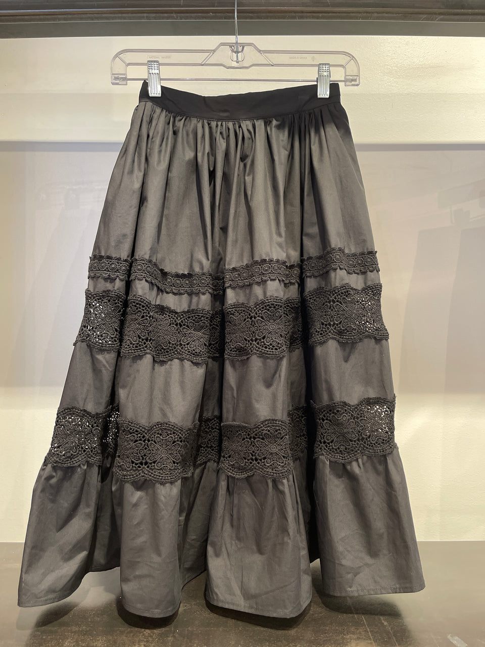 Petite Amalie Black Poplin Lace Midi Skirt