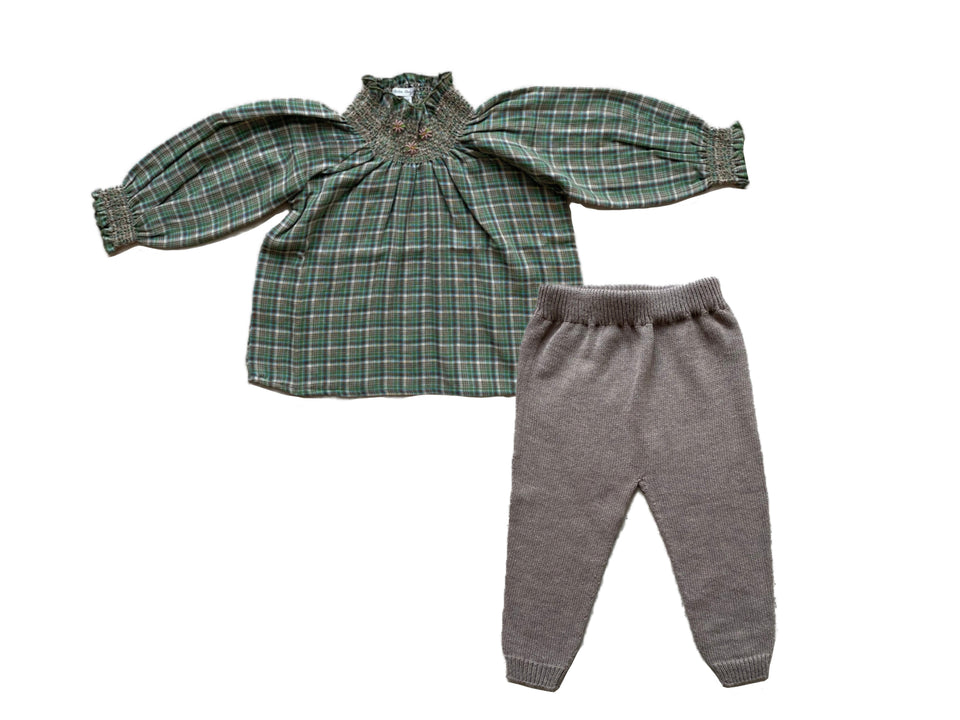 Bebe Organic Green Plaid Smocked Neck Shirt Set