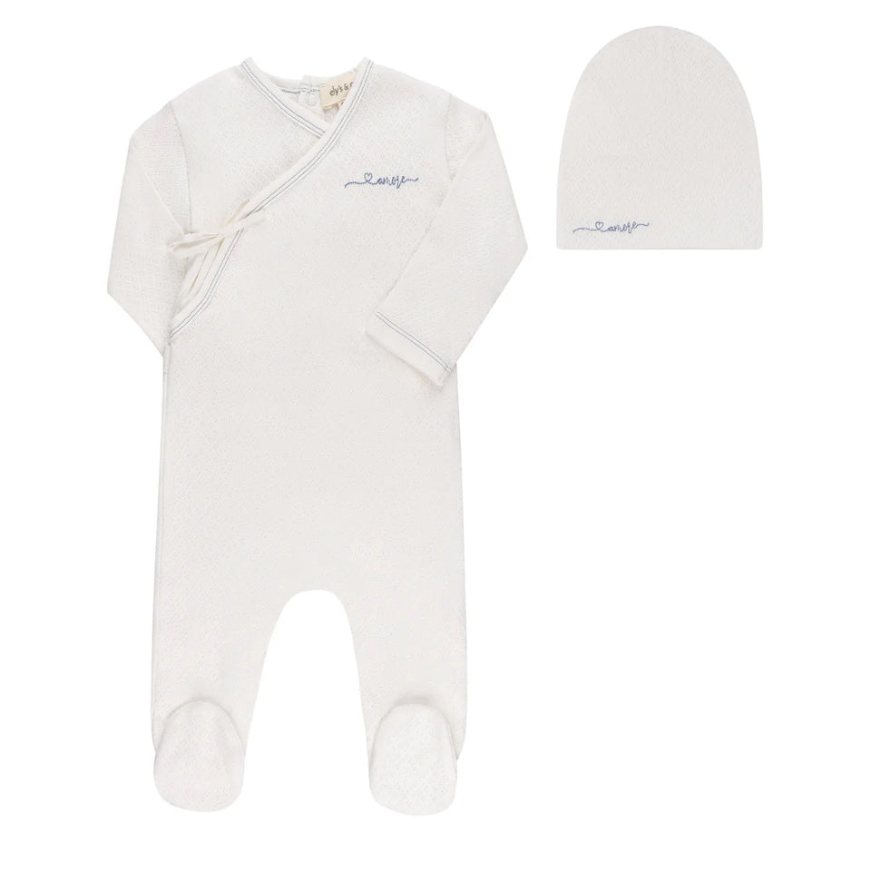 Ely’s & Co. Ivory/ Metallic Blue Amore Pointelle Footie + Beanie