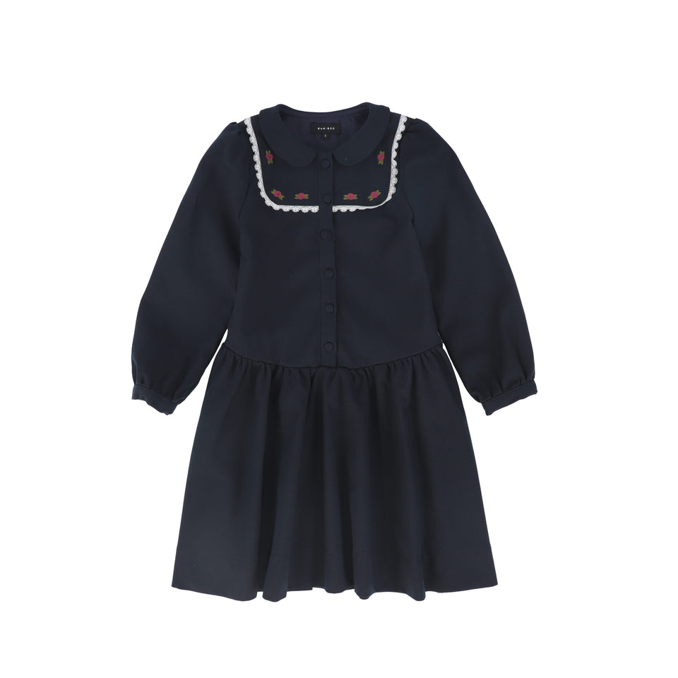 Bamboo Navy Embroidered Trim Collar Dress