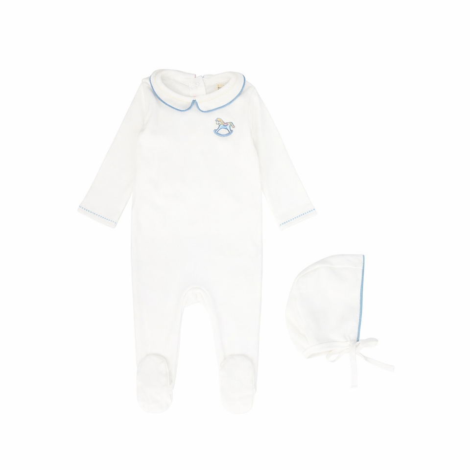 Bebe Jolee White/Blue Rocking Horse Embroidered Footie