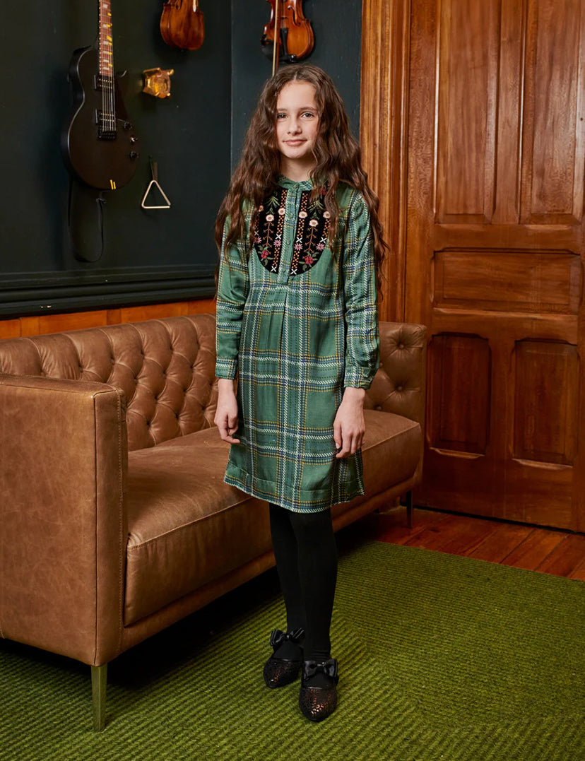 Porter Green with Plaid with Black Velvet Colorful Embroidery Dress