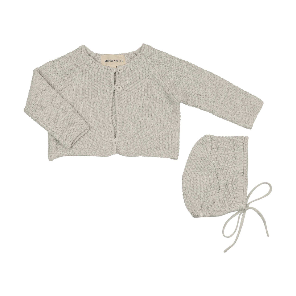 Mema Knits Ice Blue Waffle Knit Cardigan + Bonnet