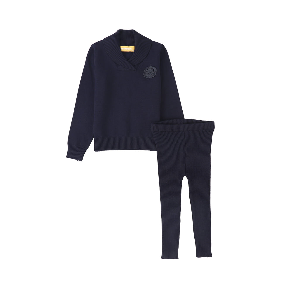 Le Bourdon Navy Wrap Neck Sweater Set