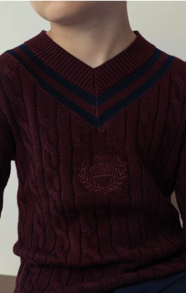 Belati Wine Cable V-neck Emblem Knit