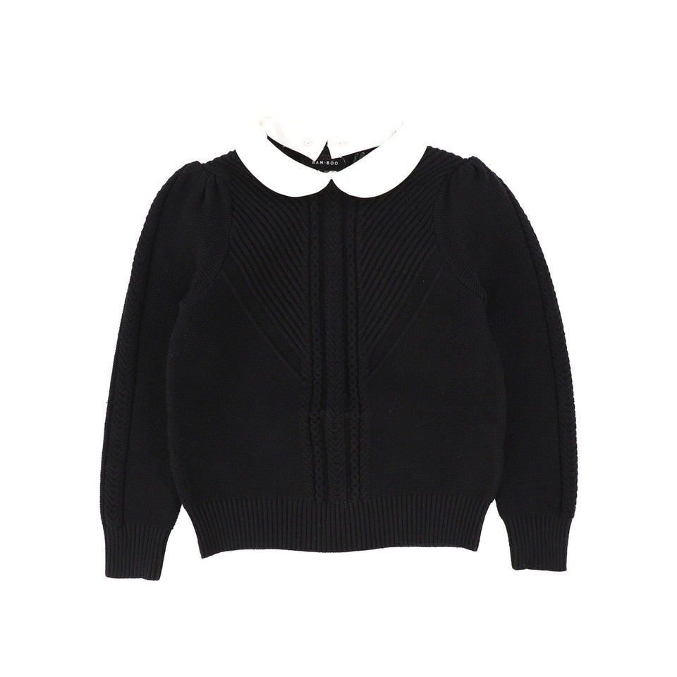 Bamboo Black Braided Knit Puff Sleeve Sweater with Collar