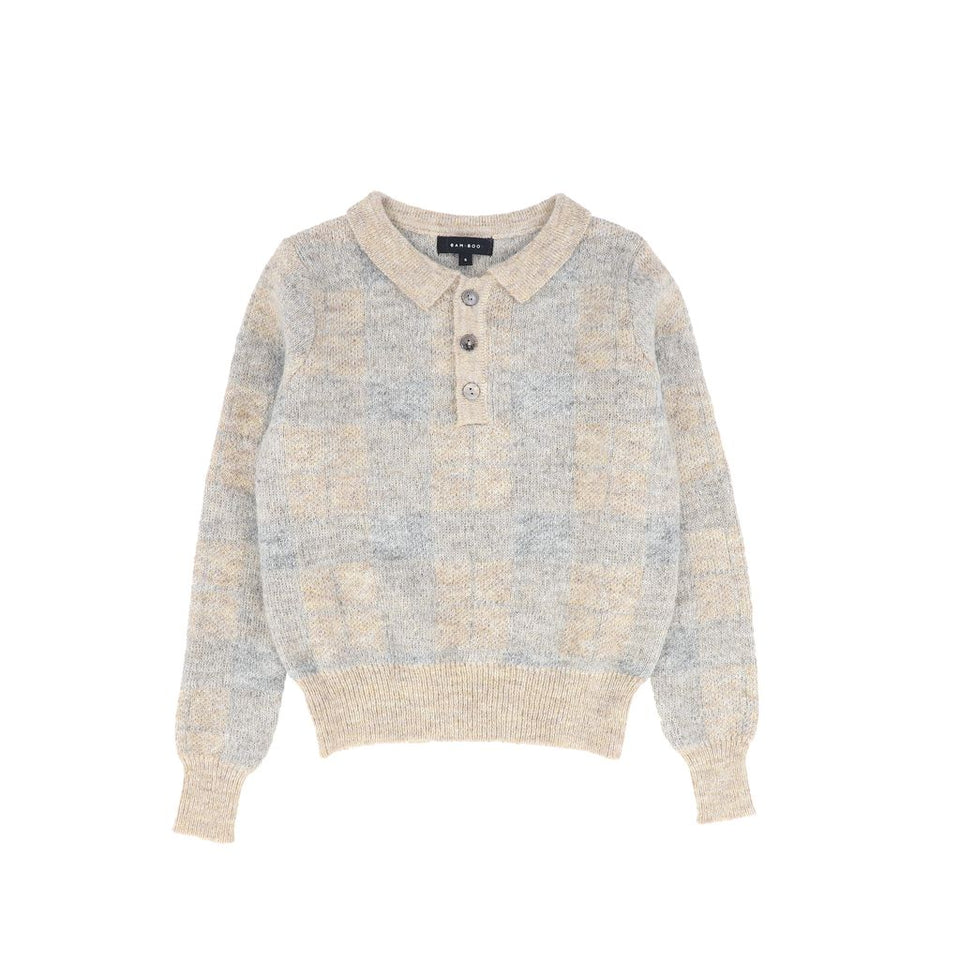 Bamboo Light Grey Plaid Knit Collar Sweater ( size up runs small )