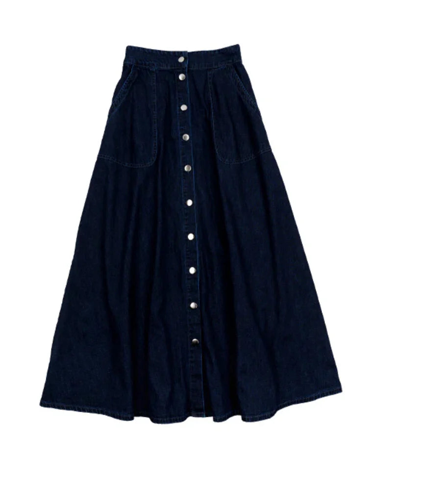 Luna Mae Dark Denim Button Down Skirt
