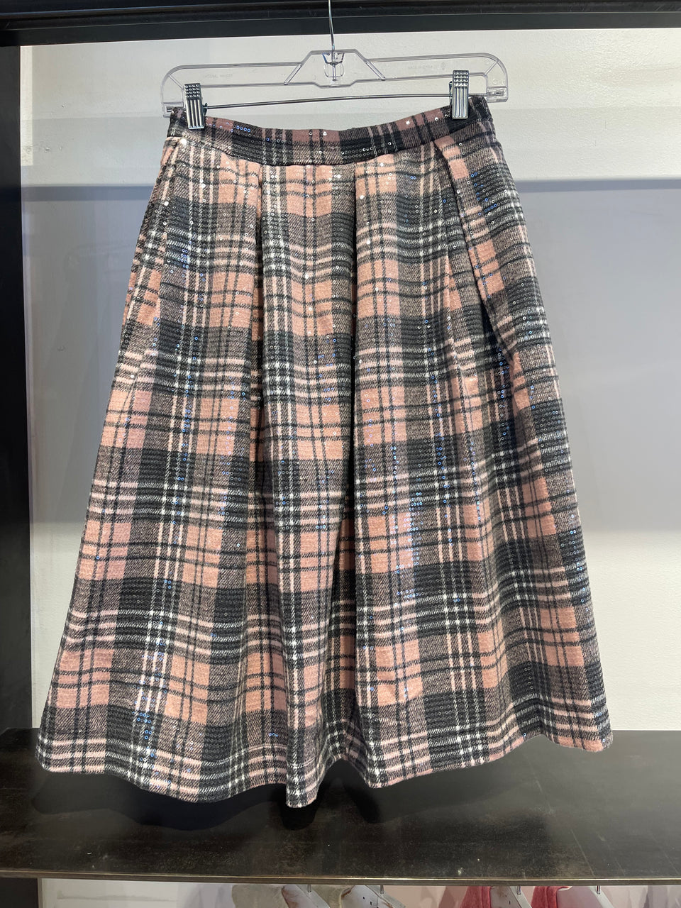 Alapage Pink Tartan Sequin Alissa Long Pleated Skirt