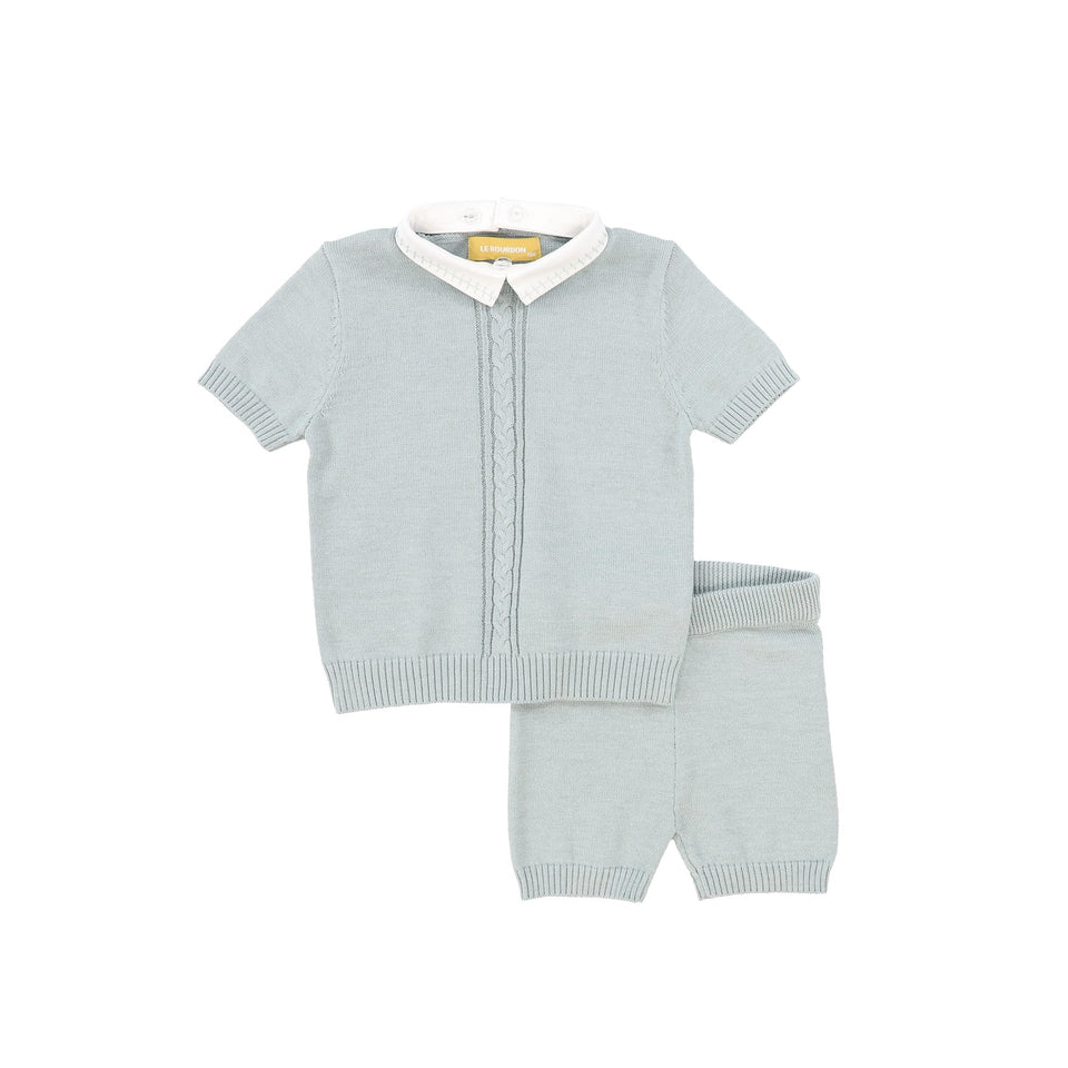 Le Bourdon Green Cable Knit Stripe Collar Sweater Set