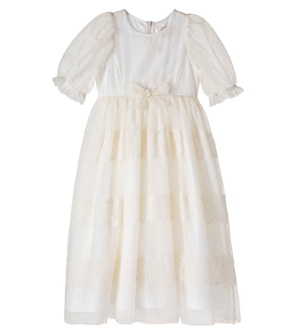 Petite Amalie Cream Flocked Spot Tulle Dress w/ French Lace