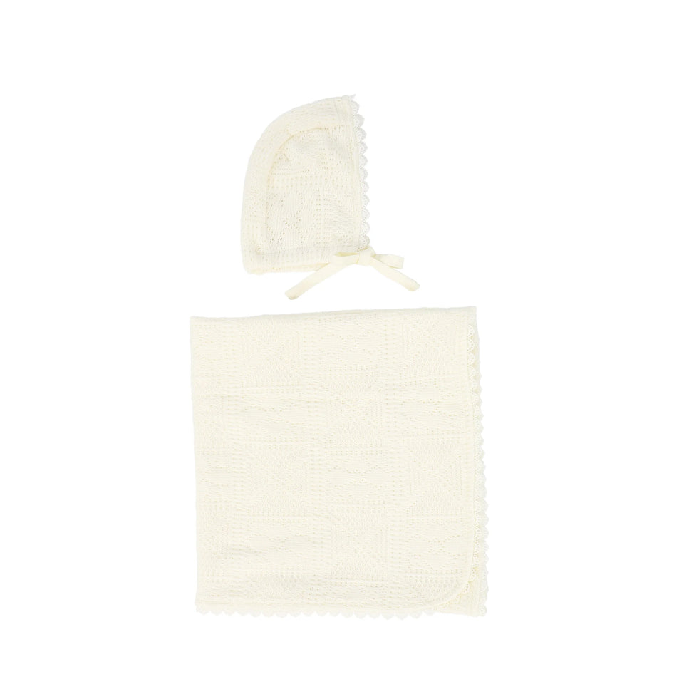 Bebe Jolee Ivory Pointelle Lace Blanket Bonnet Set