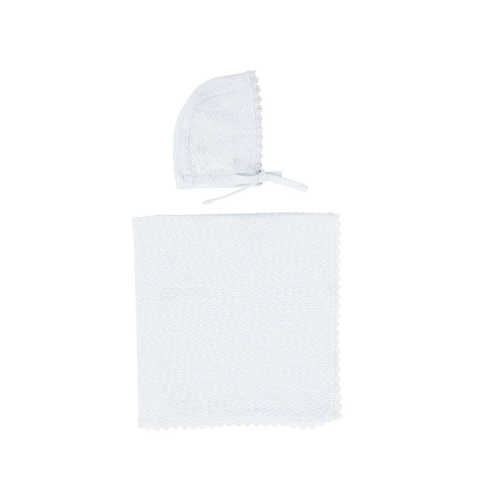 Bebe Jolee Blue Pointelle Lace Blanket Bonnet Set