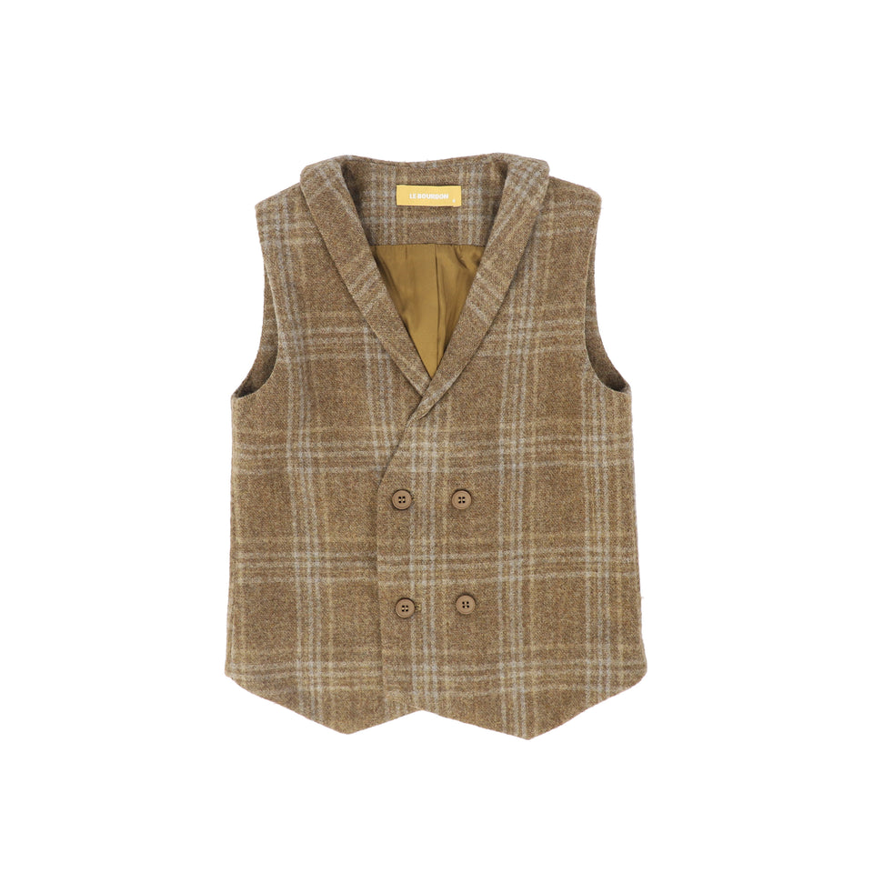 Le Bourdon Camel Wool Plaid Double Breasted Vest
