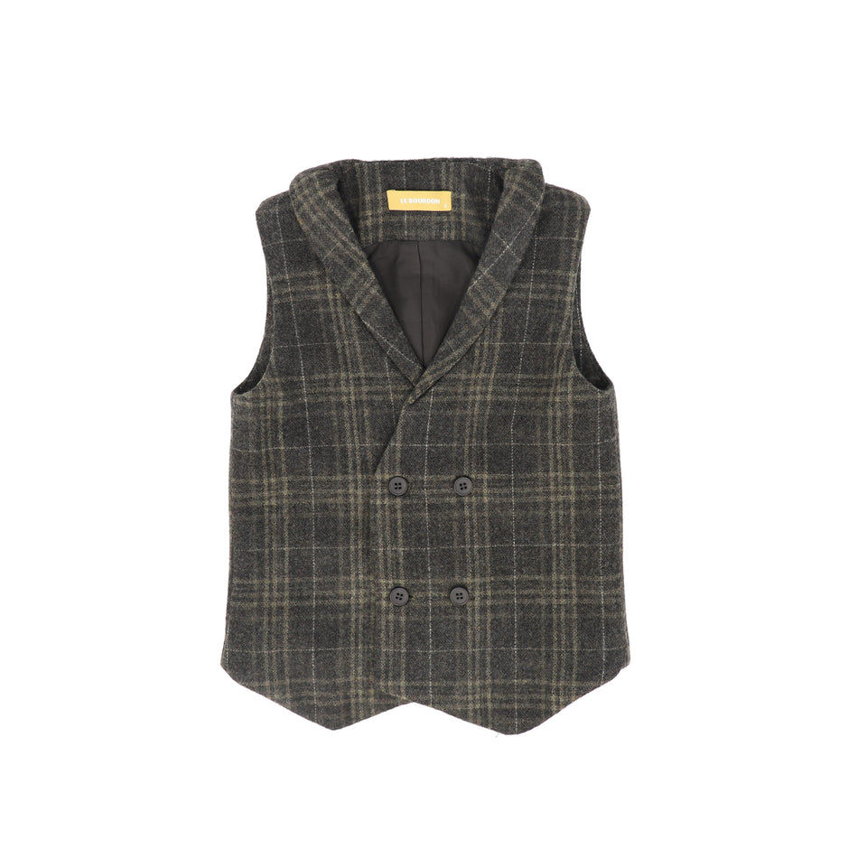 Le Bourdon Olive Wool Plaid Double Breasted Vest