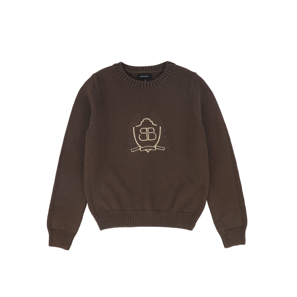 Bamboo Brown Ribbed Knit Stripe Crest Sweater