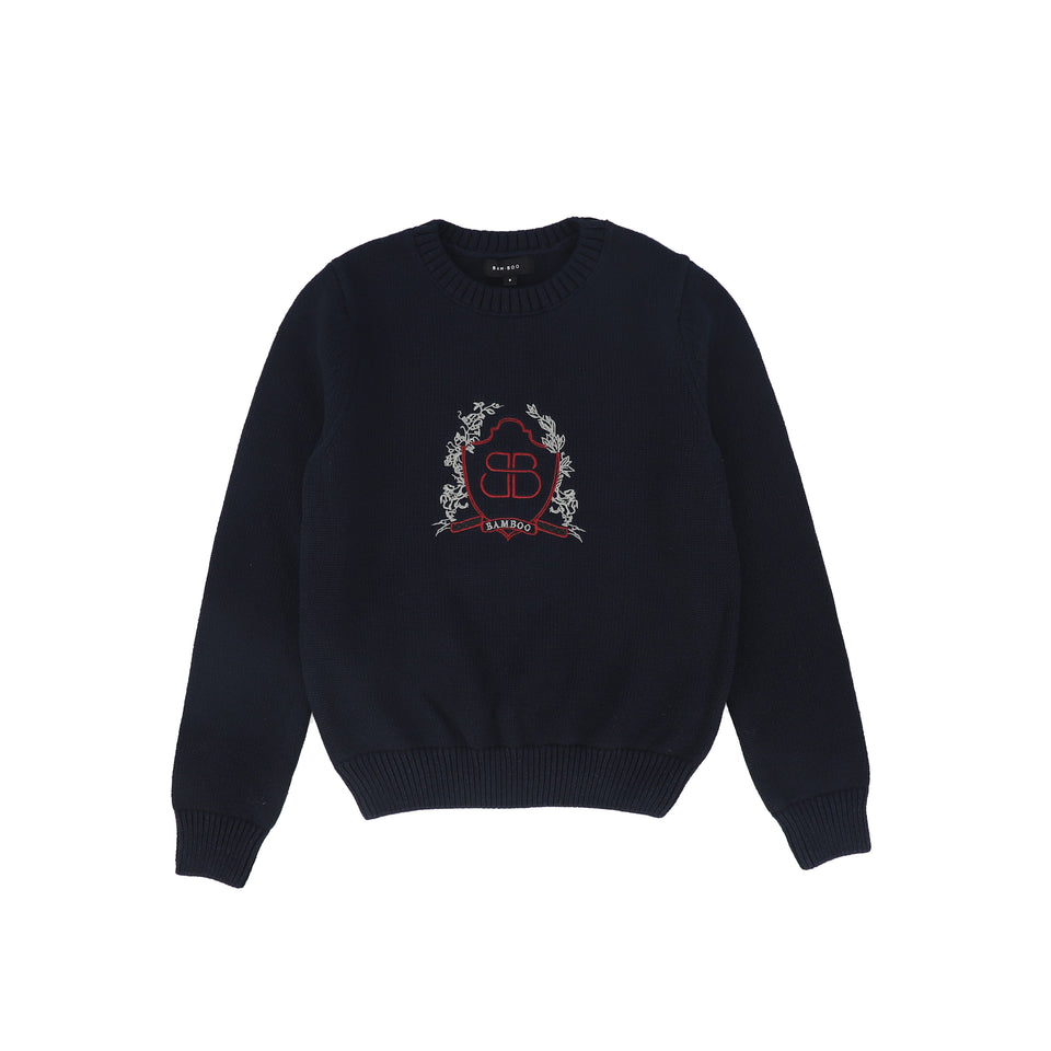 Bamboo Navy Ribbed Knit Stripe Crest Sweater