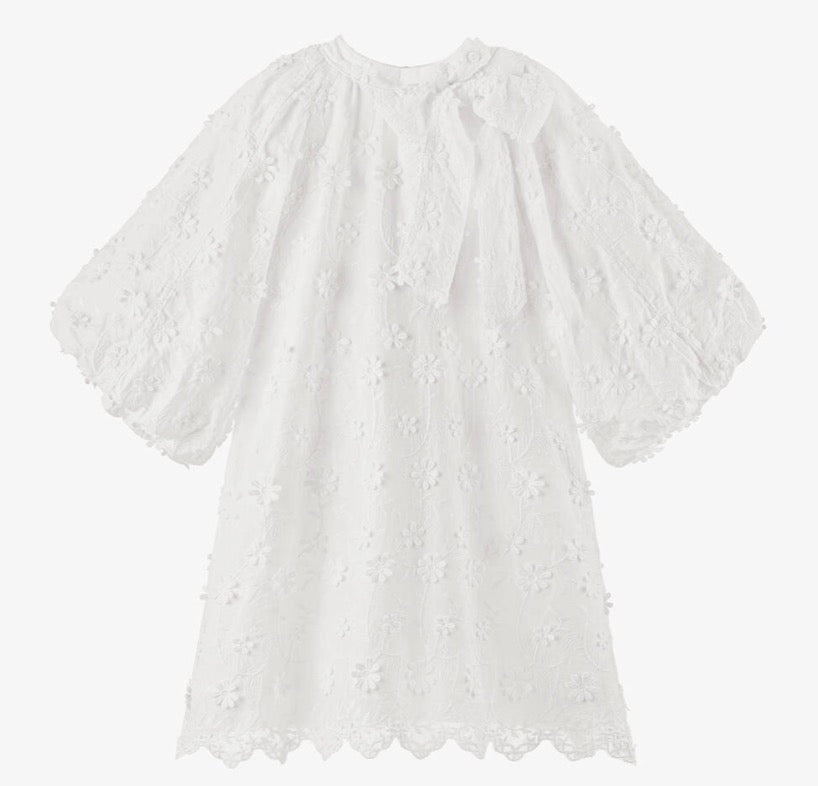 Petite Amalie White Puff Sleeve Bow Dress with Floral Appliqué