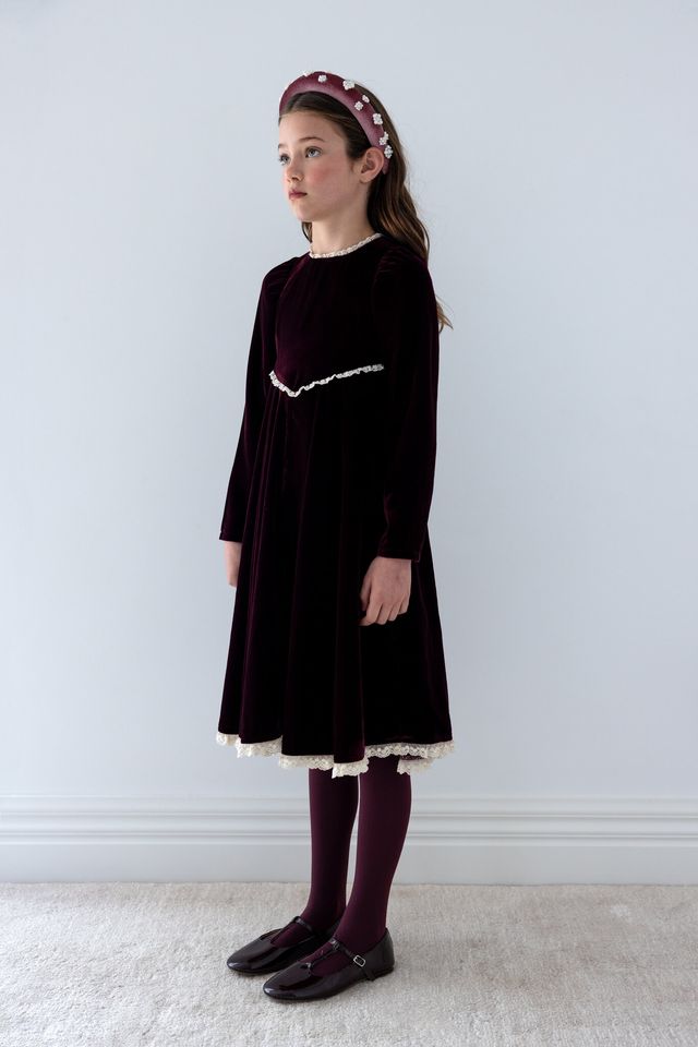 Petite Amalie Blackcurrent/Cream Peep Lace Hem Velvet Dress