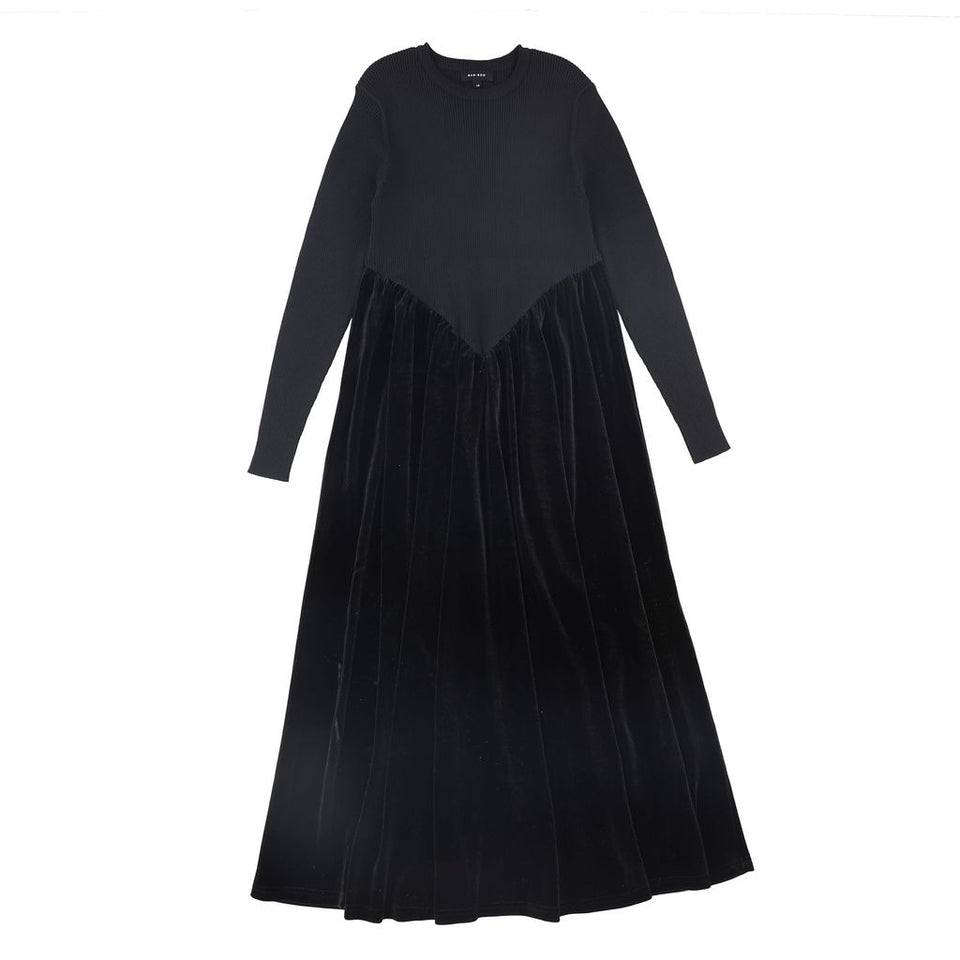 Bamboo Black Basque Waist Knit Velour Maxi Dress