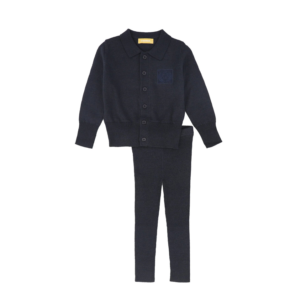 Le Bourdon Navy Logo Collared Cardigan Set